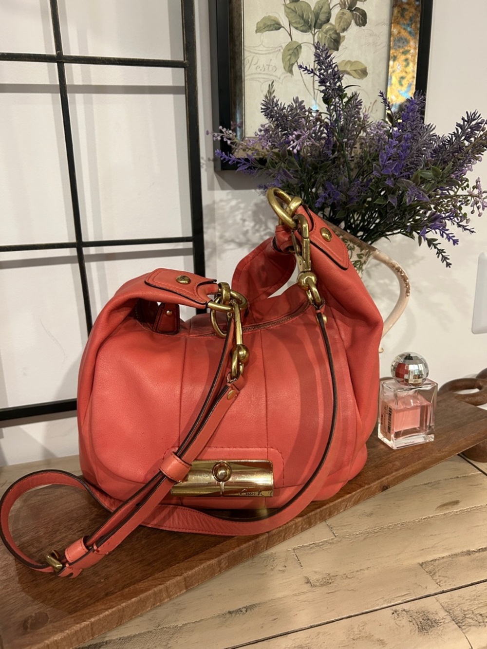 Coach Coral Leather Shoulder Bag with Gold Hardware